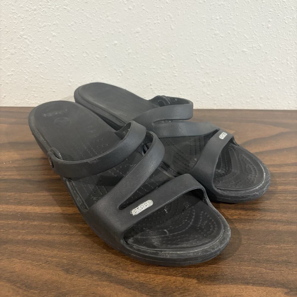 Crocs Womens Patricia Sandals Size 11 Black Slide Slip On Low Wedge Shoe 10386